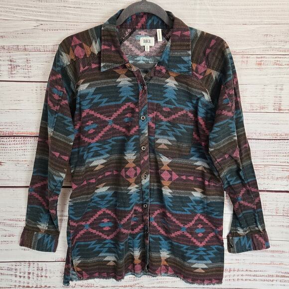 BKE Tops - BKE Womens Buckle Plaid Boyfriend Shirt S Multi Aztec Print Button Granola Girl